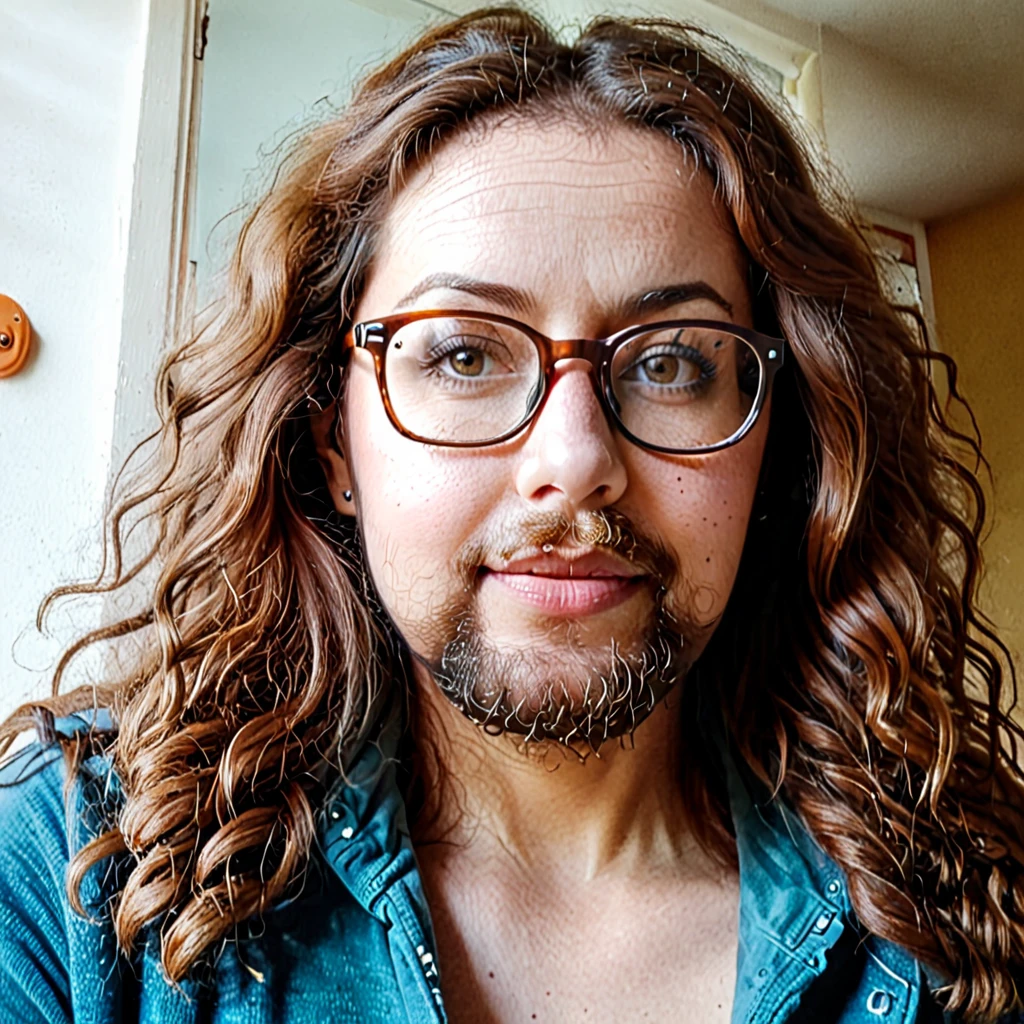 
bearded woman, long frizzy brown hair, wears glasses, geek nerd