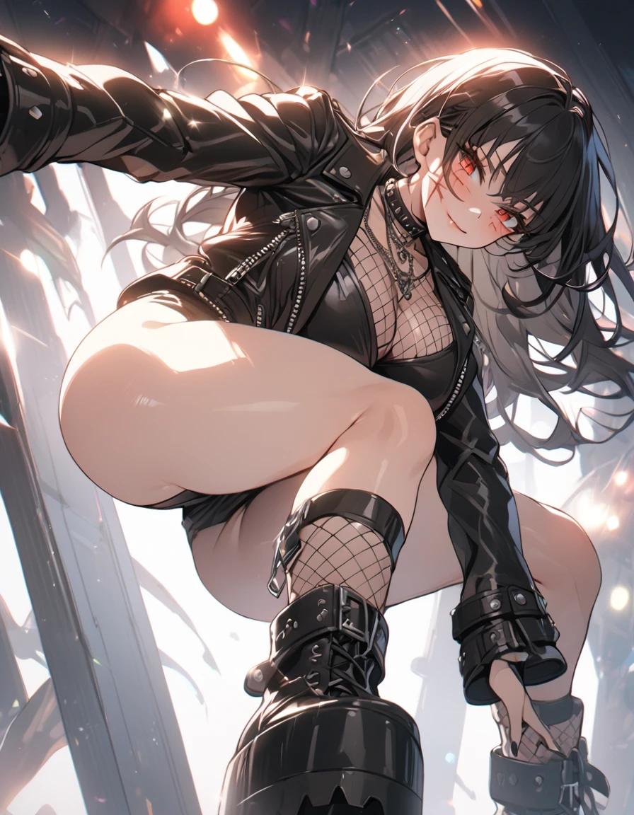 best quality, masterpiece, ultra-detailed, illustration, dynamic pose, Yoru, yorucsm, face scar, red eyes, black hair, looking at viewer, (evil smile:1.2), heavy eyeliner, (wearing a leather jacket, platform boots:1.2) adorned with studded accessories, (layered necklaces), bold patterns, (torn fishnets), dramatic makeup, black nail polish, oversized rings, close-up shot, thick thighs, big breasts, big ass, wide hips, hip dip, glossy lips, cinematic lighting, volumetric lighting, vibrant colors, ray tracing, intricate details in 8k or 4k resolution