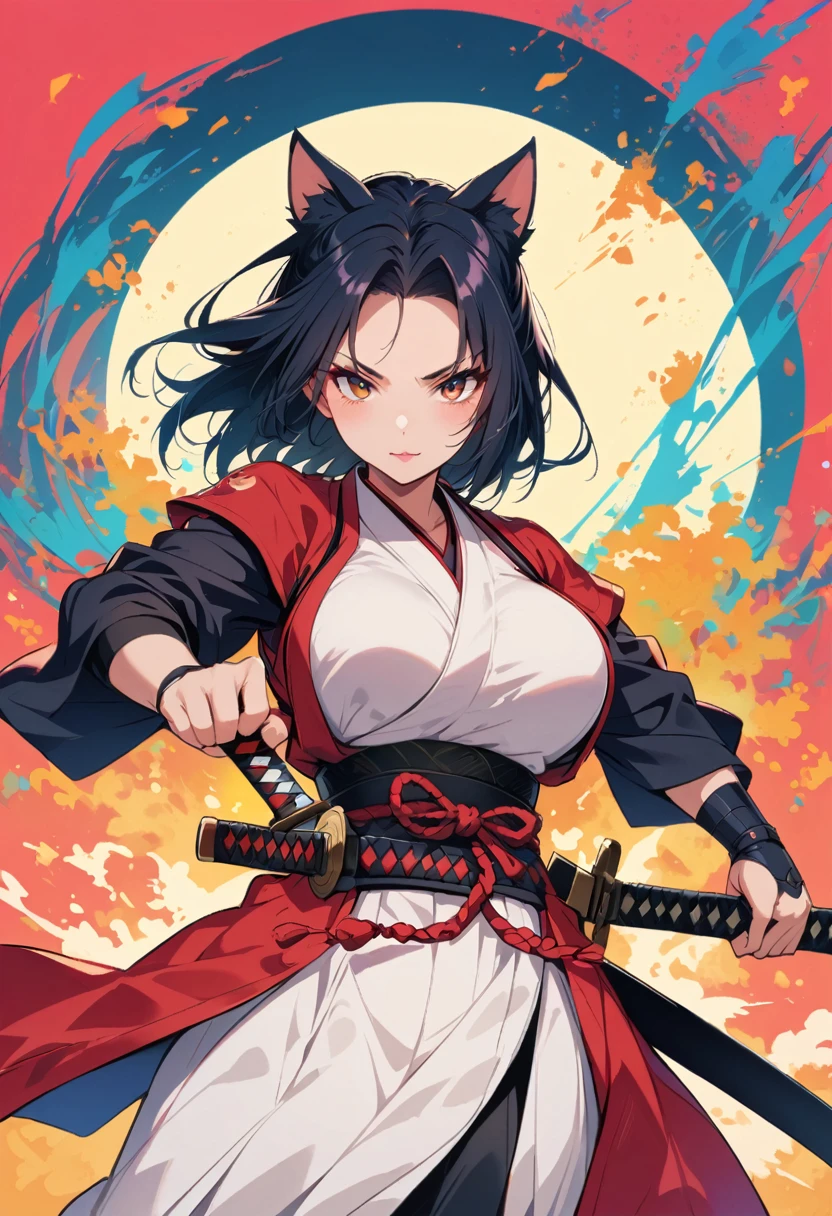 female samurai，with cat ears, big breasts can be seen, winks at the viewer, Sword in both hands