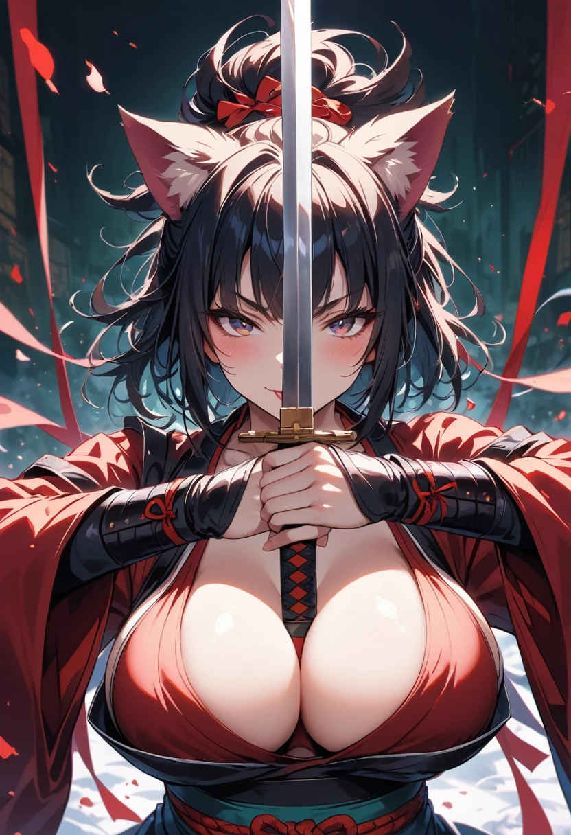 female samurai,with cat ears, big breasts can be seen, winks at the viewer, Sword in both hands
