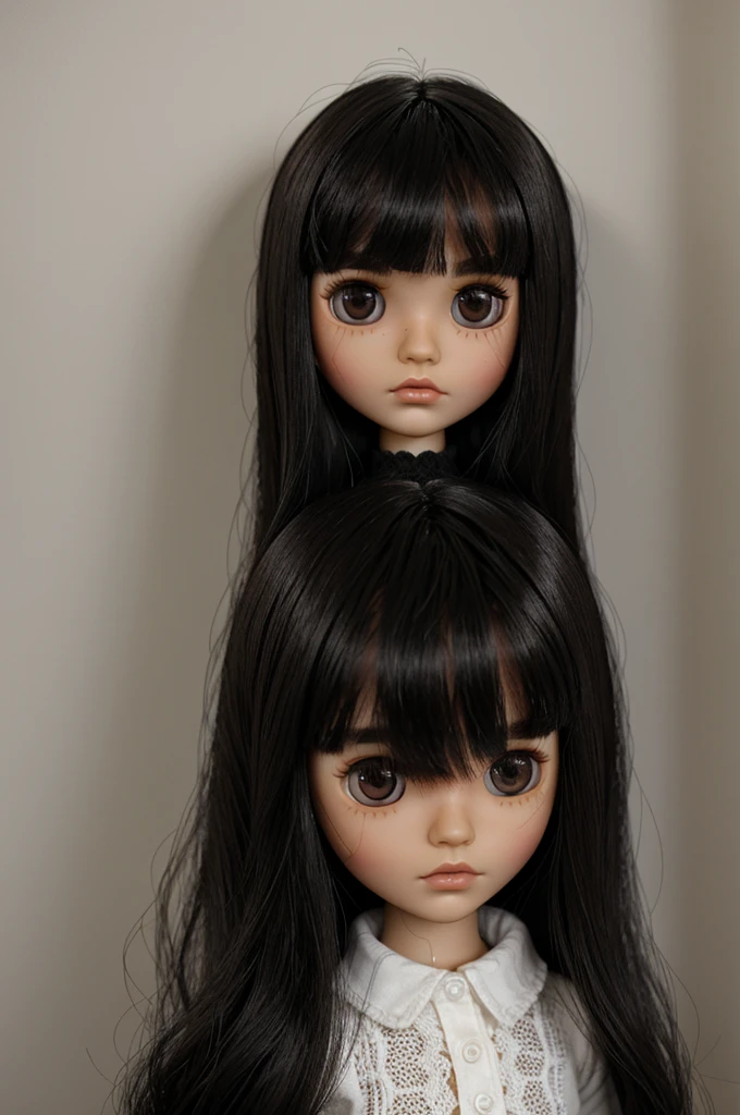 Blythe doll with black straight hair and bangs, very dark brown (only the iris pls) almond shaped eyes, and slightly tanned skin