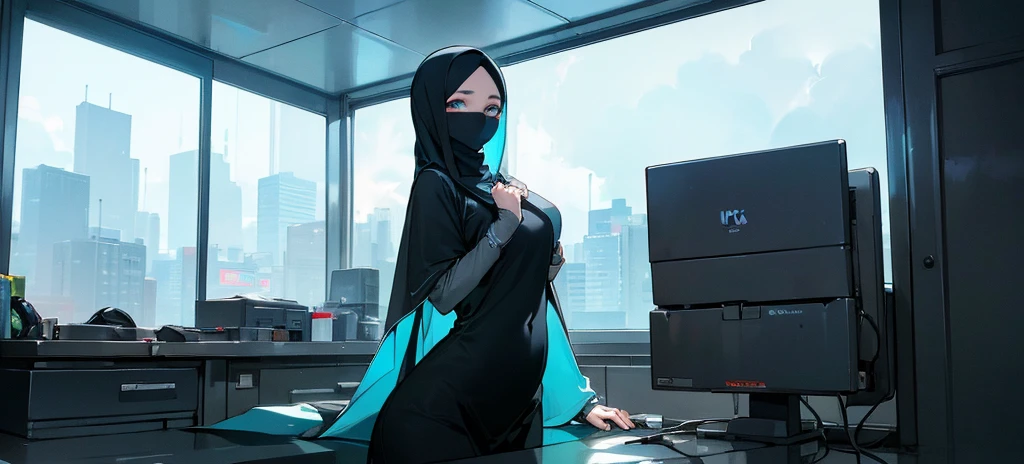 ((Best quality, 8k, Masterpiece :1.3)), Full body, Sharp focus :1.2, Beautiful woman with perfect figure :1.4, Slender stomach :1.2, ((cyan, and black hair)), body dress : 1.1 , ( Night city view, large windows, rain outside, Bedroom :1.1), Highly detailed facial and skin textures, Detailed eyes, Double eyelids, large breasts, Muslim clothing, hijab, Interior Scene, Office, restrained, Closed, dark space, cloudy clouds, Covering the intimate parts