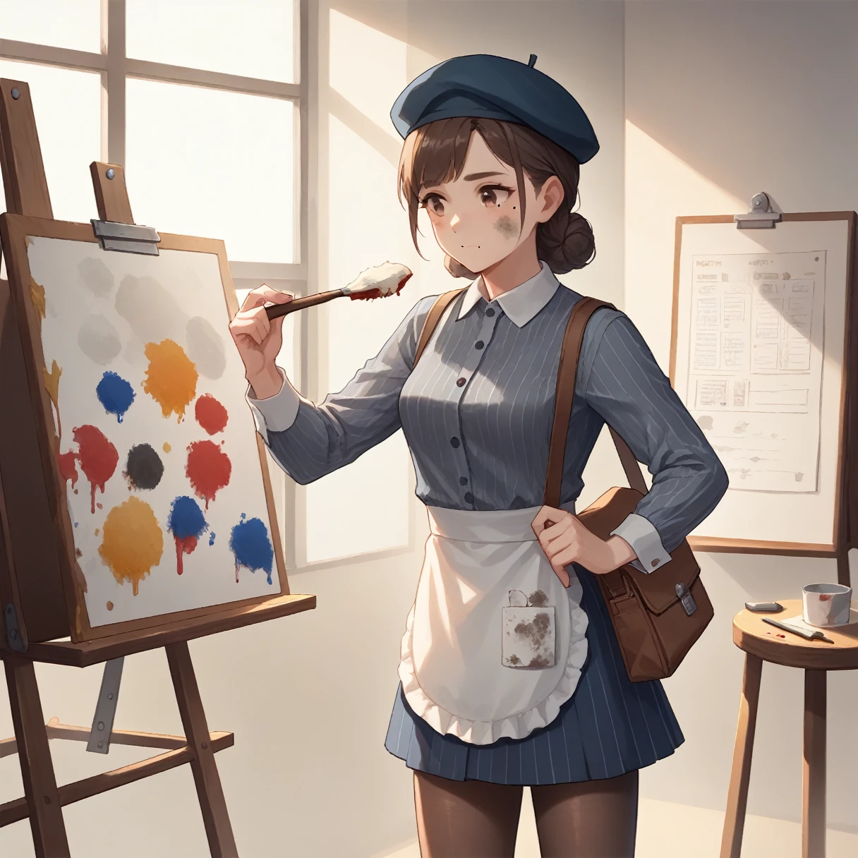 evaluation_Safety, evaluation_i doubt it, sauce_anime, score_9, score_8_superior, score_7_superior, score_6_superior, One girl,Light blue maid outfit, Breaking the Paint, ((Dirty clothes)), ((Paint on clothes)), Dusty, museum, Art Gallery, Painting on a canvas, Paint brush, Bend your body, Professional, artistic, Exquisite detail, cute, One girl, after that, Mole under the eye, after thatpainter, pafter thatfore dress, Pinstripe shirt, beret, pantyhose, Pinstripe pattern, Shoulder bag, Mole under the eye
