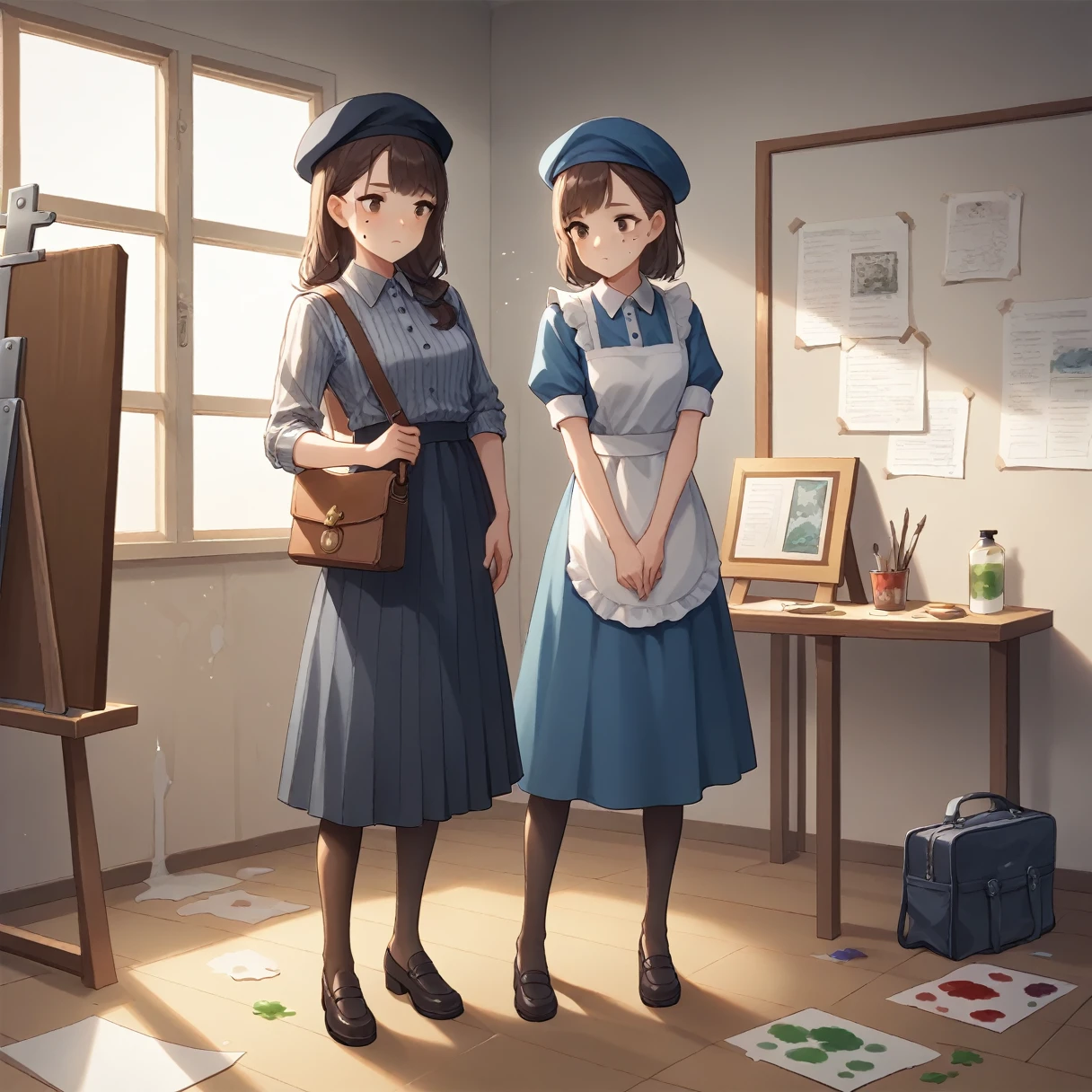 evaluation_Safety, evaluation_i doubt it, sauce_anime, score_9, score_8_superior, score_7_superior, score_6_superior, One girl,Light blue maid outfit, Breaking the Paint, ((Dirty clothes)), ((Paint on clothes)), Dusty, museum, Art Gallery, Painting on a canvas, Paint brush, Bend your body, Professional, artistic, Exquisite detail, cute, One girl, after that, Mole under the eye, after thatpainter, pafter thatfore dress, Pinstripe shirt, beret, pantyhose, Pinstripe pattern, Shoulder bag, Mole under the eye
