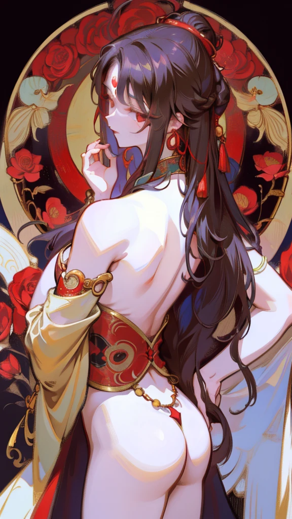 There is a woman's back in ancient China, back of the head, (only), (bare back tattoo), beautiful red eyes, detailed face, like a dream, red and gold flowers, Ukiyo style, artwork style Guwitz. , Guviz, Alphonse Mucha and Rose Drews, a beautiful artistic illustration, author: Li Song, author: heroes, author: Zou Zhe, by Zeng Jing, by Ye Xin, author: Shitao, author: Zhou Fang, Korean art nouveau anime, long loose hair, geisha clothes, Big breasts.