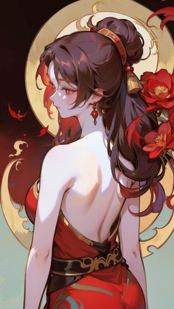 There is a woman's back in ancient China, back of the head, (only), (bare back tattoo), beautiful red eyes, detailed face, like a dream, red and gold flowers, Ukiyo style, artwork style Guwitz. , Guviz, Alphonse Mucha and Rose Drews, a beautiful artistic illustration, author: Li Song, author: heroes, author: Zou Zhe, by Zeng Jing, by Ye Xin, author: Shitao, author: Zhou Fang, Korean art nouveau anime, long loose hair, geisha clothes, Big breasts.