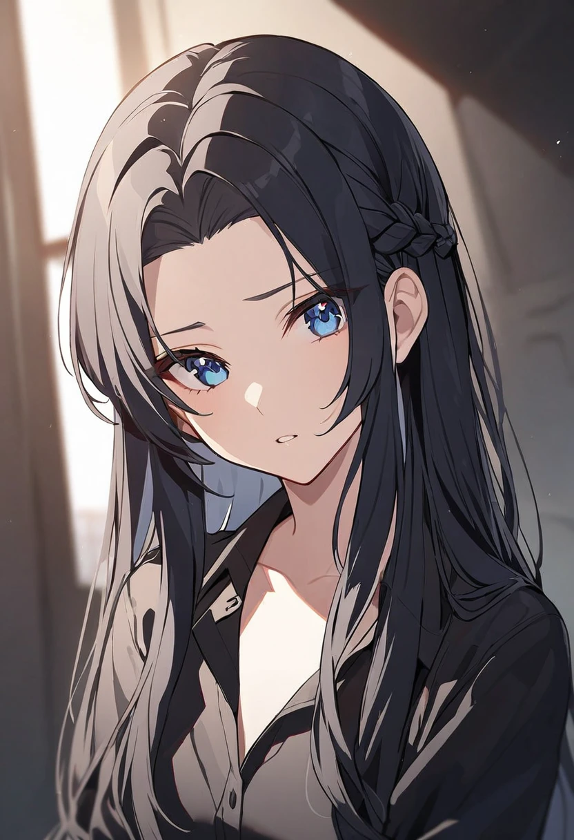 woman, black hair, long hair, a braid of hair, open forehead, no bangs, blue eyes, black button-down shirt