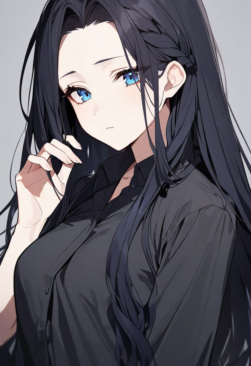 woman, black hair, long hair, a braid of hair, open forehead, no bangs, blue eyes, black button-down shirt