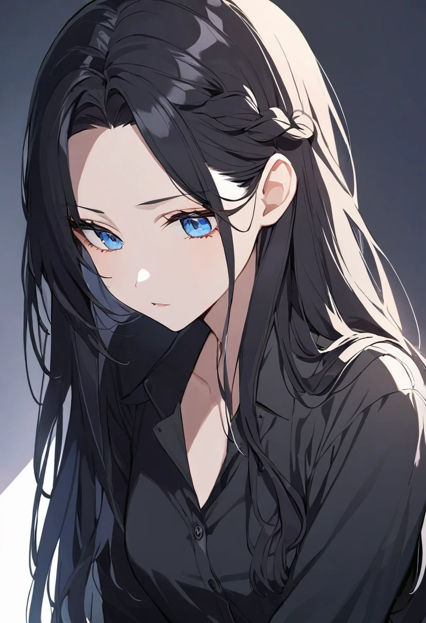 woman, black hair, long hair, a braid of hair, open forehead, no bangs, blue eyes, black button-down shirt