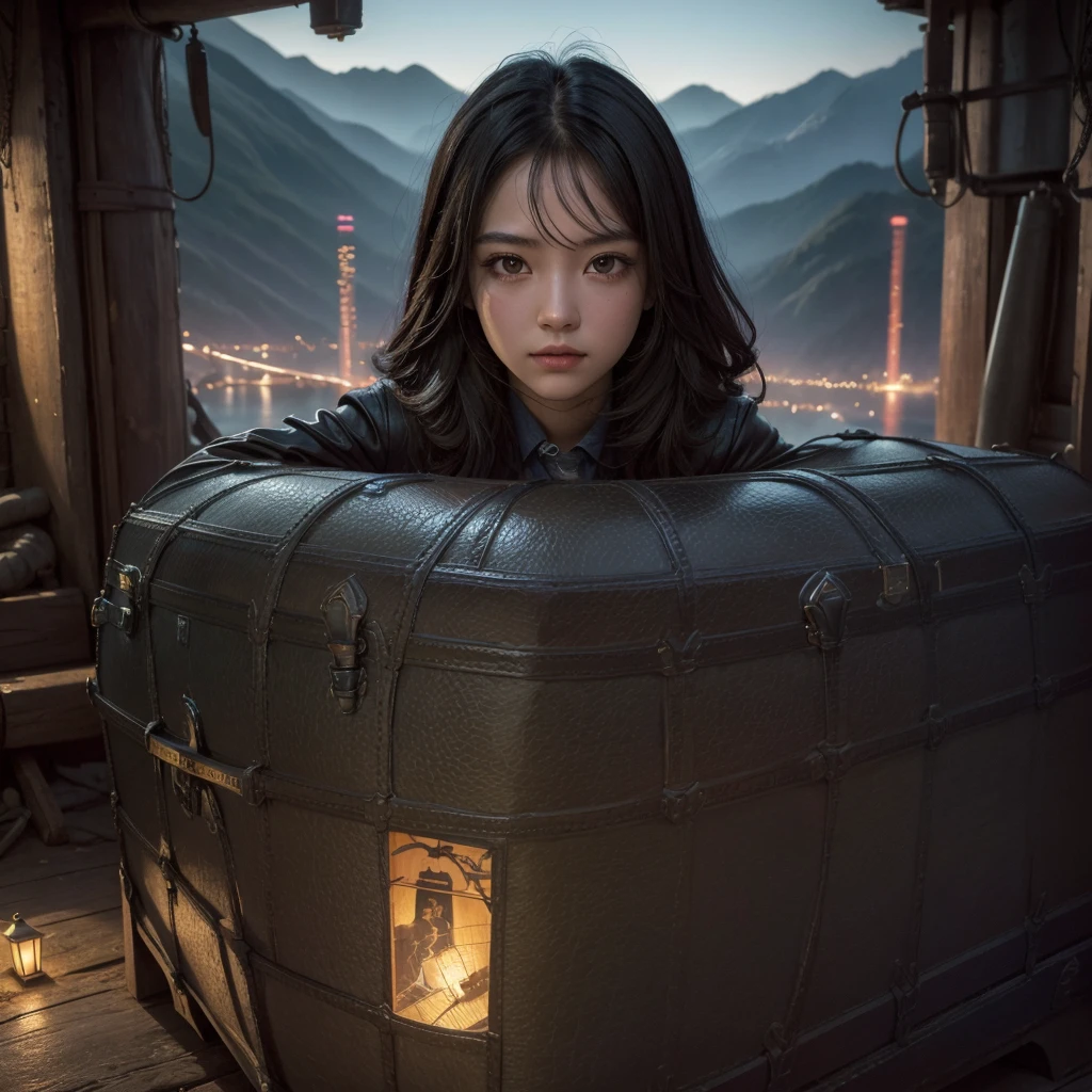 best qualityer, work of art, high resolution,, 1 girl, face detailed, (trunk:1.6), Cyber cities, mountains and rivers, natta, firefly lights, realisitic,black hair,and brown eyes