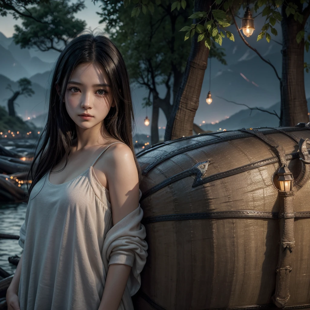 best qualityer, work of art, high resolution,, 1 girl, face detailed, (trunk:1.6), Cyber cities, mountains and rivers, natta, firefly lights, realisitic,black hair,and brown eyes