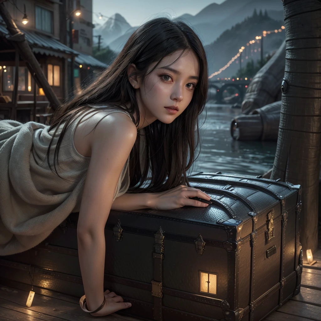 best qualityer, work of art, high resolution,, 1 girl, face detailed, (trunk:1.6), Cyber cities, mountains and rivers, natta, firefly lights, realisitic,black hair,and brown eyes