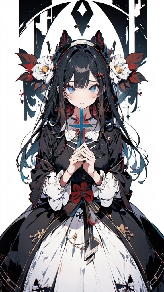 leaning front with hands out in the air,girl from upper view、(masterpiece, highest quality, official art:1.2), (flat color:1.5),looking at the viewer,1 girl,alone, white background, ,(2d:1.5) ,whole body、Masterpiece、Popular on pixiv、Girl、dress、bouquet、sight、disorganized, absolute resolution, incredibly disorganized, High resolution, Looking at this、stare