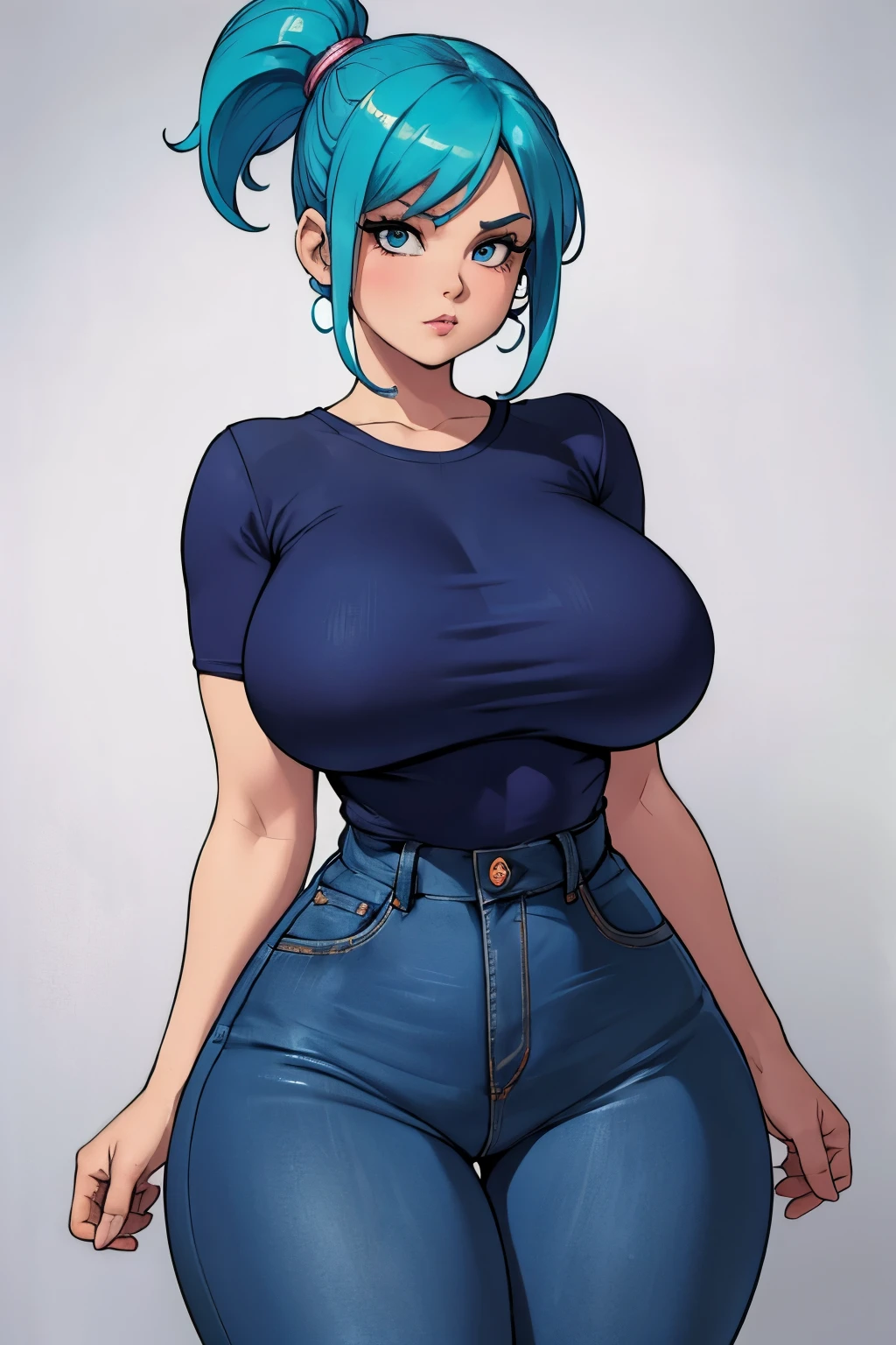 Bulma in tight jeans and a blue top is posing for a picture, an album cover by Louisa Puller, instagram, tachisme, thicc, domme mistress, skinny waist and thick hips, thick thighs, tight outfit, tight attire, insanely inflated hips, thick, thick thigs, curvy, wearing tight simple clothes, huge breast,1solo,1girl,full body portrait, professional draw, professional photography, blue hair,