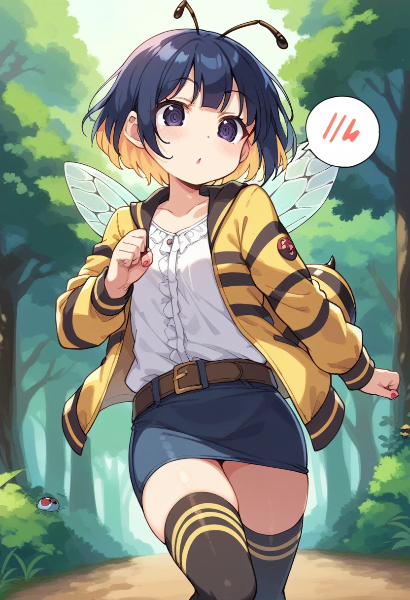 score_9, score_7_up, score_6_up, 1girl, source_cartoon, source_anime,breathtalking Scenery,watercolor,smooth soft skin, natural skin,anime screencap,mjm,rating_questionable,
BREAK
1girl,(solo:1.2),(hornet girl:1.4), bee girl,(little female child:1.3), (loli:1.3),6 yo, kawaii,baby face,small breast, cute face,oily skin,(Phat ass:0.8)
BREAK
(black bob cut:1.4),(yellow gradient hair:1.2),(yellow dip-dye hair:1.1),(black lob hair:1.2),ahoge,highlight on eyes,(nail_polish:1.1), black eyes,beautiful eyes, detailed eyes, puffy eyes,
BREAK
(bee antennae:1.3), (PVC material Extremely small bee wings:1.1), (bee wings:1.1),symmetry bee wings, anger vein,anguish,(spoken squiggle:1.5),
BREAK
belt buckle,jacket, zip up, (pencil Skirt:1.1),(yellow striped black stockings:1.3),pierce,chain accessory,punk rock, croped shirt
BREAK
isometric,dutch angle,(deep forest,dirty forest,darkness:1.2),(running:1.3),dynamic running,dynamicangle,In a secluded setting, surrounded by a dense forest, the bog lay hidden like a secret gem, its misty surface whispering tales of ancient times,misty,deep forest,
