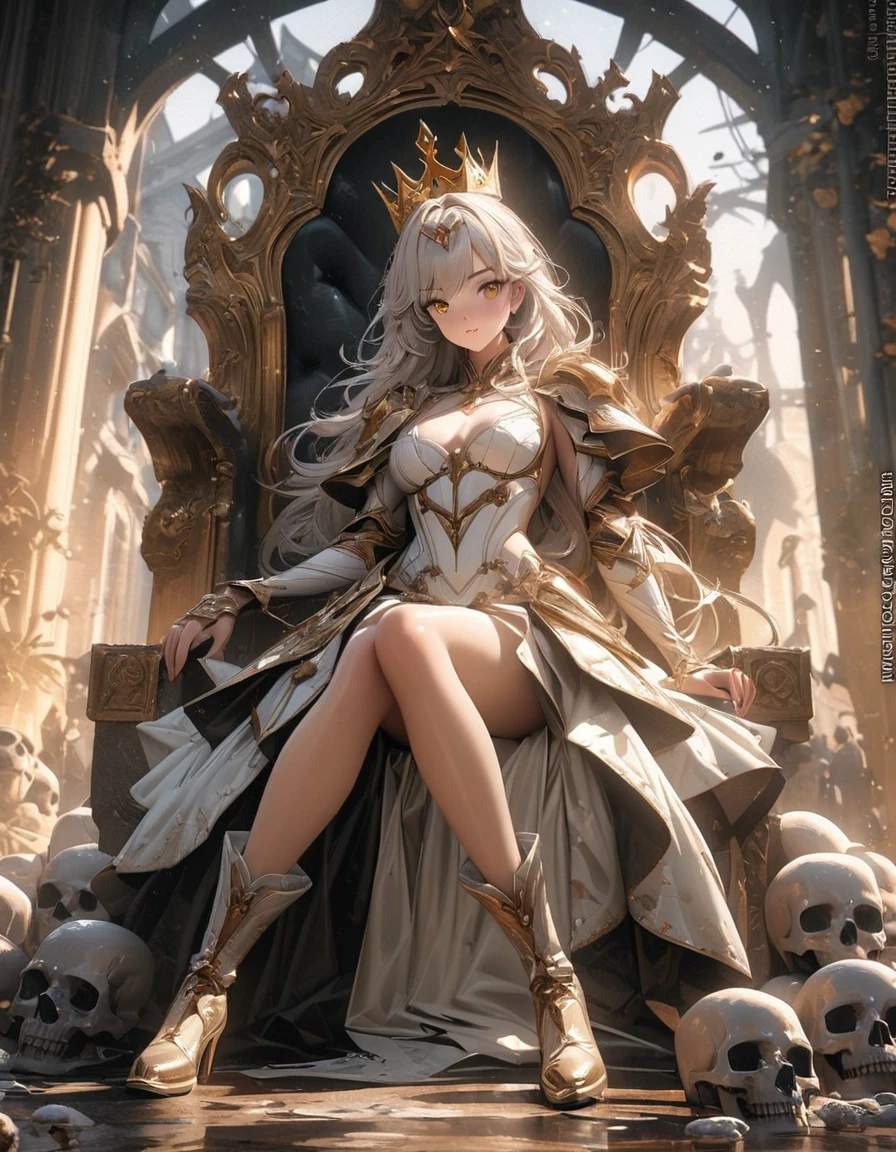 Full body portrait,Low Angle View,A sexy and charming woman sits on the throne on top of a pile of skulls,Wearing gorgeous and exquisite armor,Golden crown,gem,Luminescence,Luminescence特效,Bronzed skin,Golden Eyes,Snow-white hair,Long legs,Boots,Oil painting effect,Snapshot aesthetic style , Extreme detail,Rich details,OC Renderer,8K,Super Fine,Hyperrealism,masterpiece,Rich in details
