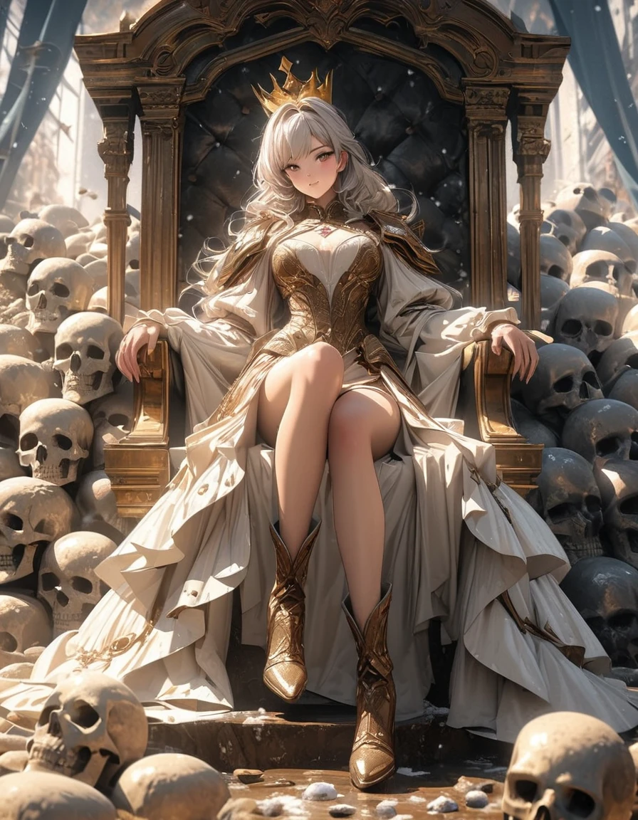 Full body portrait,Low Angle View,A sexy and charming woman sits on the throne on top of a pile of skulls,Wearing gorgeous and exquisite armor,Golden crown,gem,Luminescence,Luminescence特效,Bronzed skin,Golden Eyes,Snow-white hair,Long legs,Boots,Oil painting effect,Snapshot aesthetic style , Extreme detail,Rich details,OC Renderer,8K,Super Fine,Hyperrealism,masterpiece,Rich in details