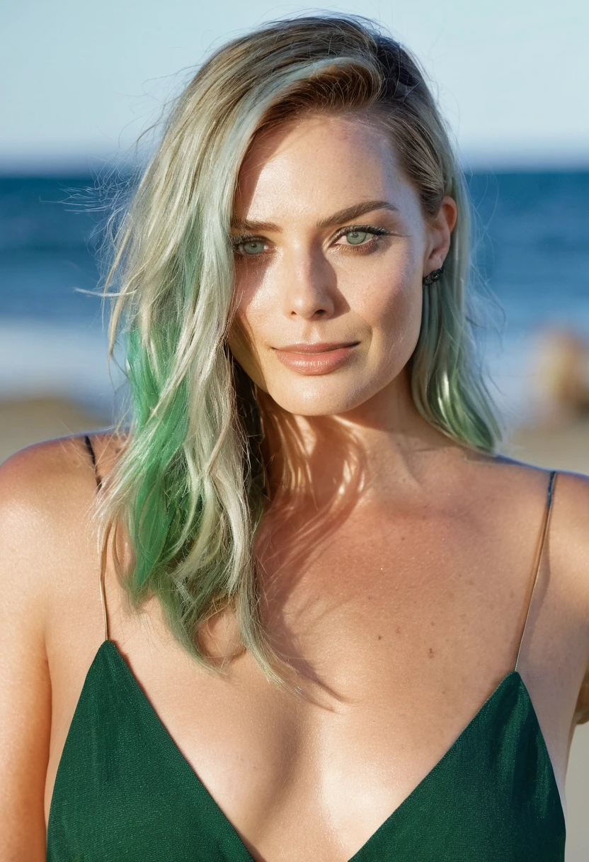 high quality portrait Erotic paparazzi photo , 40yo woman ( Magrot Robbie, beach side , photorealistic , celebrity , green color hair ,random click, she is wearing awet tight MARVEL logo printed shirt:1.5, woman ) sunbathing , shiny sweaty skin , sexualized move, erotic angles, sweaty flat breas,t celebrity erotic photograph , fit muscular figure , shiny sweaty skin, on beach, celebrity, female, woman, hollywood actress , fleshy muscular woman , ( natural lights, depth of field, detailed face , insanely detailed skin texture, hyper detailed features )