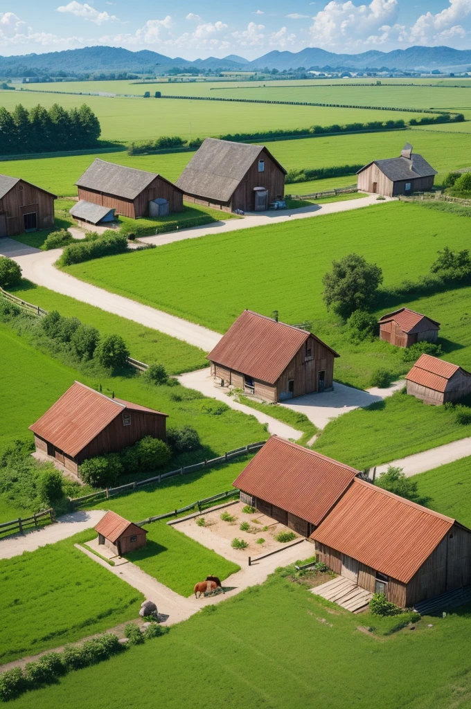 A small rural village.elements: Simple wooden houses, Farmlands, trees, and animals like chickens and horses.Action: The farmer working on the farm with his horse.