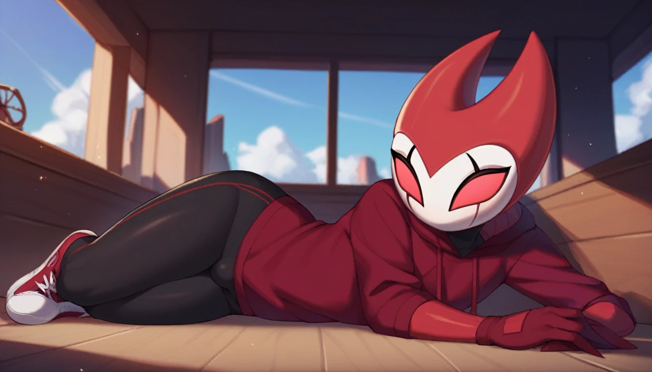 score_9, score_8_up, score_7_up, score_6_up, zPDXL2, grimm \(hollow knight\), vampire, bat, 1boy, cute face, detailed eyes, anthro, black sports pants, blue large hoodie, red sports gloves, sneakers, background, femboy, near the window, landscape, near an armchair, looking to the camera, portrait of the face, lying on the floor, curvy body, (dynamic poses)