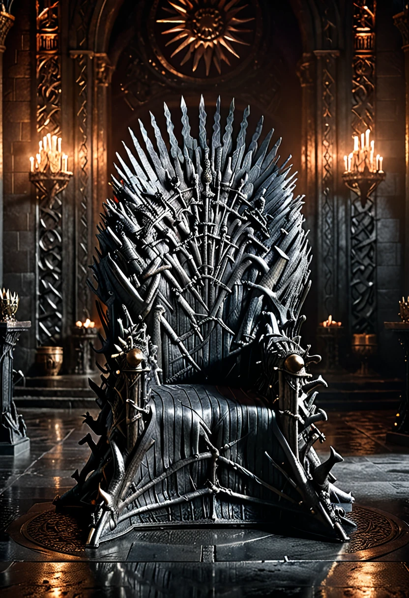 cinematic portrait of the iron throne, game of thrones, epic fantasy, dramatic lighting, realistic 3d render, highly detailed, hdr, 8k, photorealistic, ultra-detailed, intricate throne design, cold metallic textures, brooding atmosphere, moody lighting, dramatic shadows, complex architecture, imposing presence, sense of power and authority, cinematic camera angle, depth of field, breathtaking scale, grand and majestic