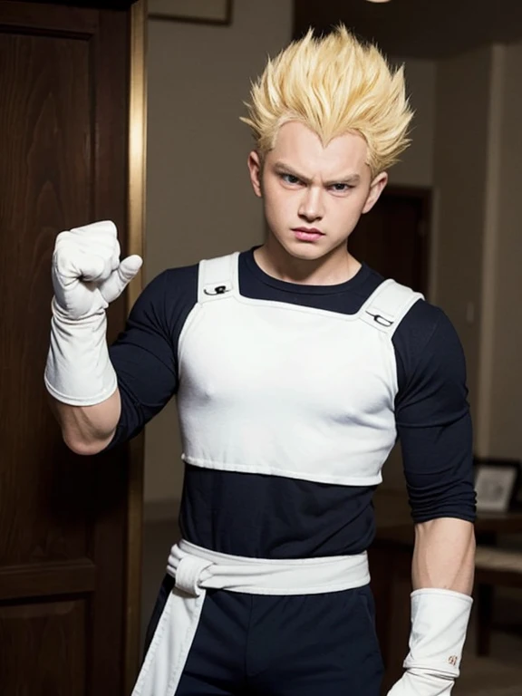 (masterpiece, best quality: 1.2), solo, male focus, 1boy, vegeta, furious, fighting pose, bruised, looking at the viewer, blonde hair spiked, black eyes, armor, white gloves, realistic