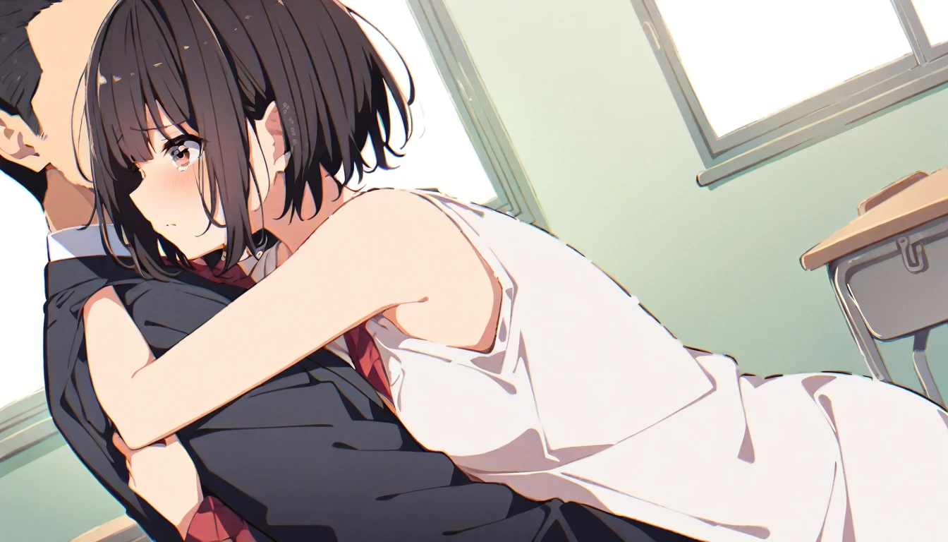 One girl with black bob hair、Completely naked、Being sexually assaulted、Being touched by a man、Being hugged、Being kissed、Standing posture、classroom、Shyness、Crying face、resistance、fear