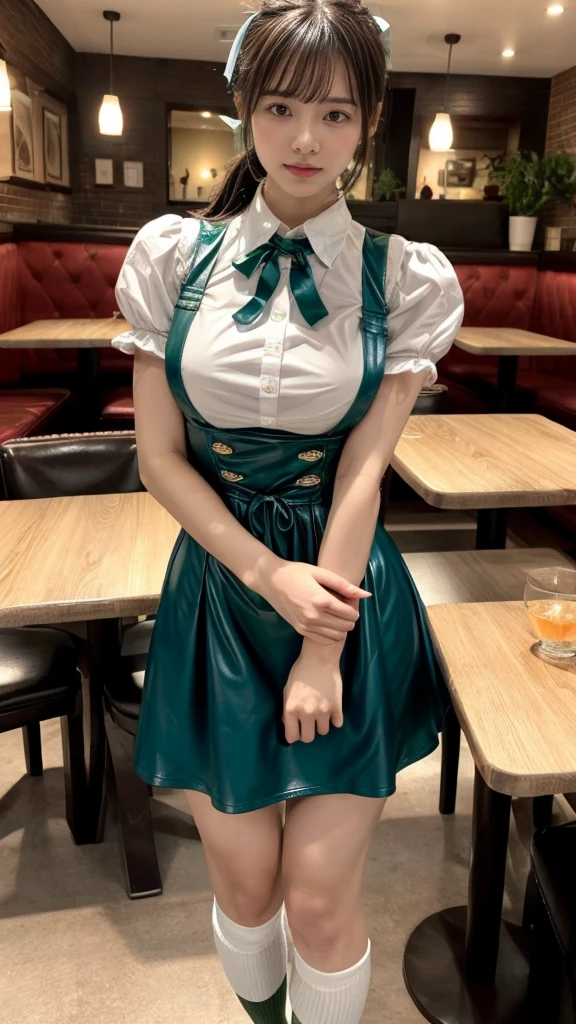 masterpiece, best quality, illustration, Super detailed, fine details, High resolution, 8K,wall paper, perfect dynamic composition, front view, full body, 18 year old girl, Gravure Idol, cute type, (Details High quality, realistic depiction of eyes:1.3), revealing clothes, low ponytail, bangs, black hair color, Dark makeup, Big Natural Color Lip, Emphasize the size of the breast, sexy body, perfect body shape, plump figure, huge breasts, Black leather jacket, BREAK (fusion of dirndl and short sleeve white collared-shirt with neck ribbon:1.4), ((A-line, underboobs, puff sleeves):1.3), ((deep-green Pinafore):1.3), thighs skin, (socks:1.3), (shoes:1.2), Restaurant, Serving customers inside the restaurant.