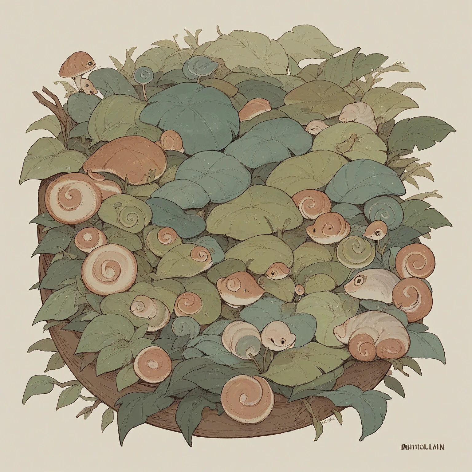 minimalistic, laconic snail farm logo "Snail Village". Show 3 natural colors, birch leaf, Snail, inscription "snail village".
