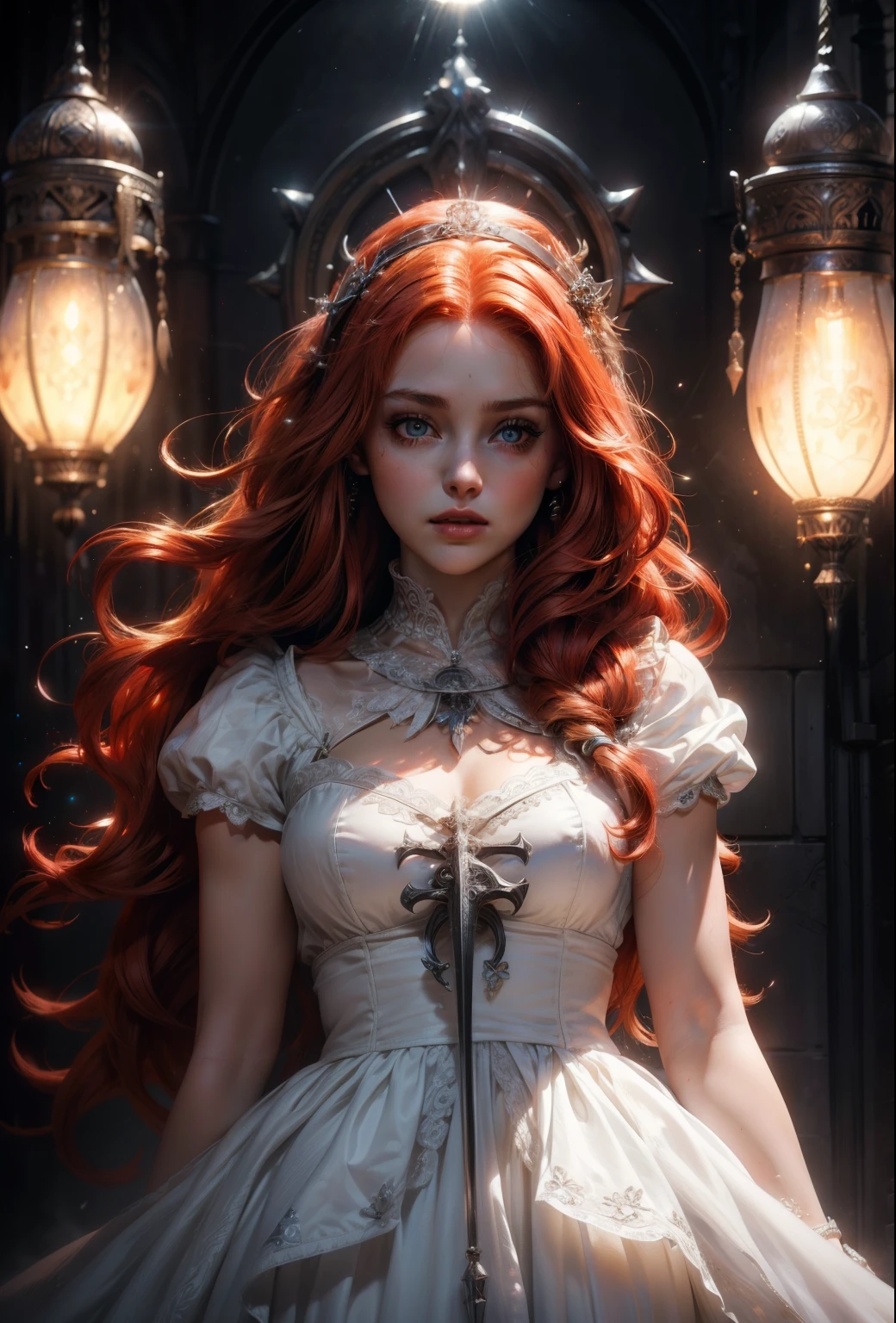 (((priestess Bloodbourne aesthetic))) ((beauty slim shape)) perfect skin, hyperrealistic masterpiece, (((in extremely complex & superdetailed white doll dress))), cinematic illumination: 8k, symmetrical eyes, realistic, sharp focus, HD, highly detailed, intricate, photography, hyperrealism, hyperrealistic, film, studio portrait, detailed, dramatic lighting, maximum definition and sharpness, (((highly detailed external glowing lighting))), (((redhead long hair)))(masterpiece), best quality, expressive eyes, perfect face