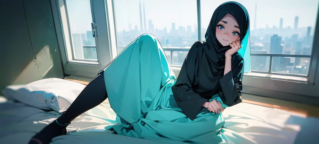 ((Best quality, 8k, Masterpiece :1.3)), Full body, Sharp focus :1.2, Beautiful woman with perfect figure :1.4, Slender stomach :1.2, ((cyan, and black hair)), body dress : 1.1 , ( Night city view, large window, rain outside, Bedroom :1.1), Highly detailed facial and skin textures, Detailed eyes, Double eyelids, Muslim clothing, hijab, Interior Scene, Office, restrained