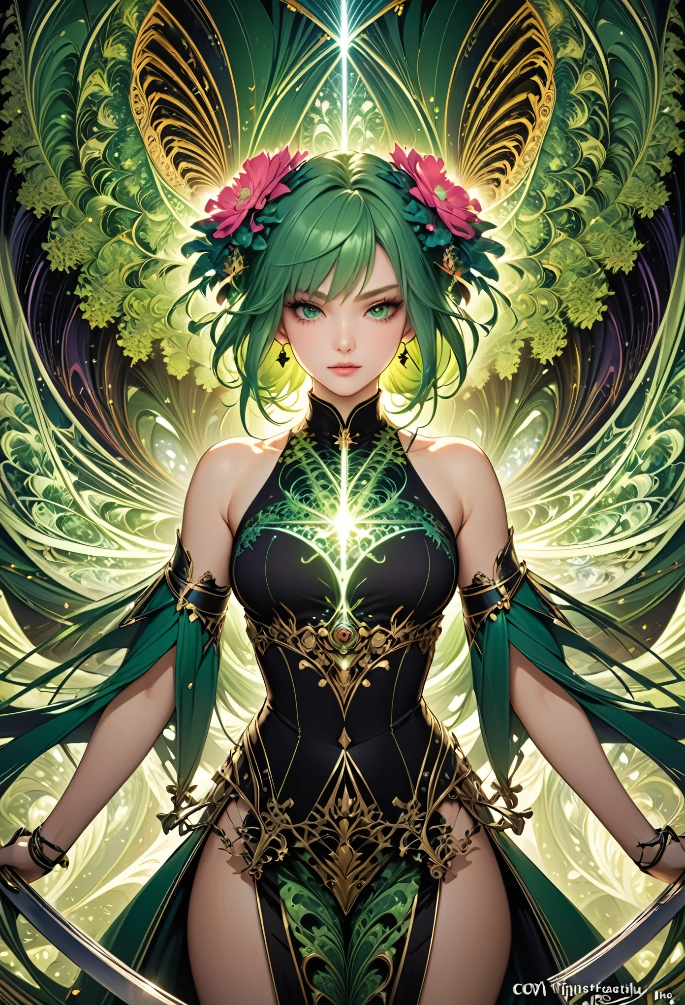 (masterpiece, Highest quality, Highest quality, Official Art, beautifully、aesthetic:1.2), (One girl:1.3), (Fractal Art:1.3), card, Tarot, Green Hair, Twin Blade, Hair Flowers, (Good lighting:1.1), ((High resolution)), Tarot card style
