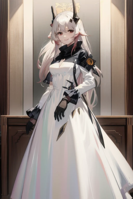 1girl,horns,theresahead,smile,theresa,cowboyshot, white long dress, long skirt, white gloves