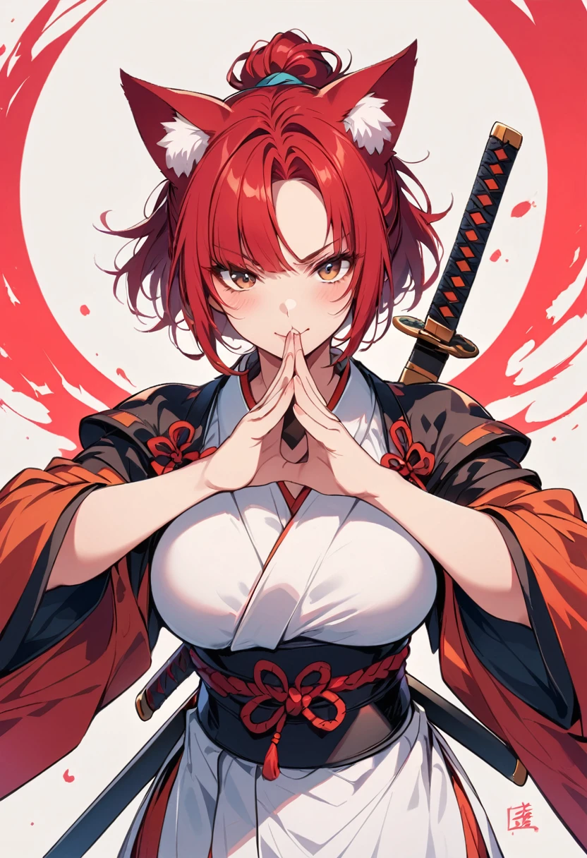 female samurai，with cat ears, short hairs, Red hair, hair bangs big breasts are visible, winks at the viewer, Sword in both hands