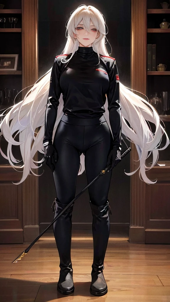 (highest resolution, distinct_image) best quality, a woman, solo, masterpiece, highly detailed, semi realistic, blonde hair, bangs, 18 years old, mature, young, tall strong, uniform, military uniform( large indoor background), cold, serious, tall, handsome, autocratic, powerful, exquisite facial features, exquisite facial features, (full body)(black knee-high boots:1.4)(dominatrix:0.3)(white Yoga pants:1.3),(gloves:1.5)(long sleeves),(active sportswear shirt),solo,1girl,(looking at viewer),(from below:0.9)(head turned upwards:0.3)(smiling:0.4)(bodysuit:0.3)(holding riding crop:1.2)(muscular:0.8)(shirt tucket in pants)(parquet flooring)(standing on floor)(pretty eyes)(staring)(yandere), red eyes, white hair, superior smirk, smiling, devious