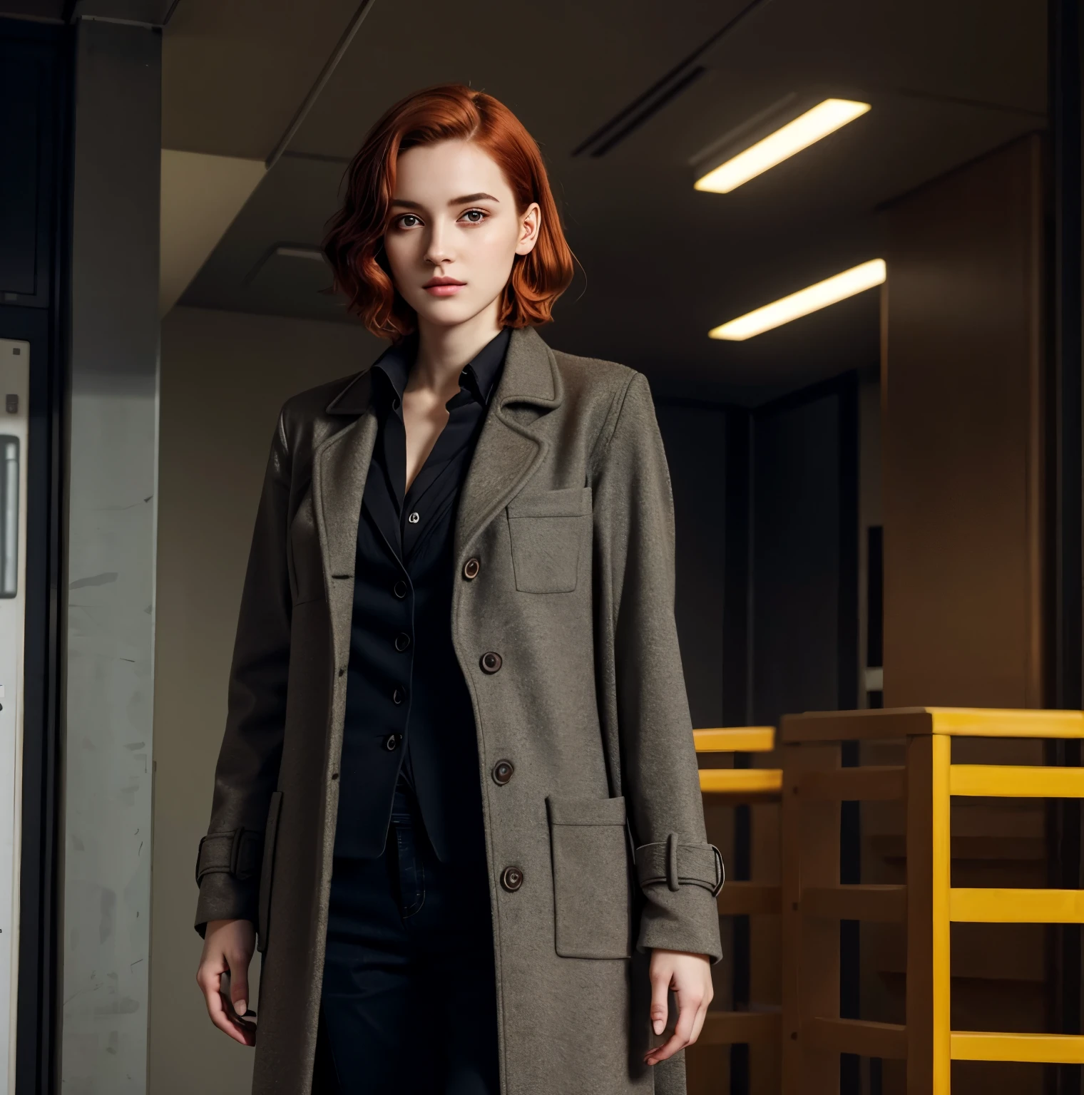 Masterpiece, Best Quality, Ultra-Detailed, 1girl, woman, female, 28 years old, ginger hair, red hair, short hair, light brown eyes, pale skin, skinny, athletic, gray multi pocket overcoat, multi pocket overcoat, medical overcoat, sci-fi overcoat, futuristic overcoat, looking at the viewer