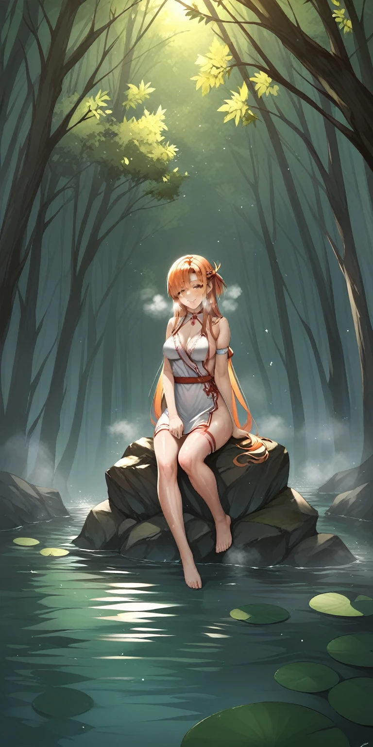 score_9, score_8_up, score_7_up, score_6_up, uncensored, asuna yuuki, orange hair, fold, braid, long hair, orange eyes, naughty face, shiny skin, sweating, steaming body, heavy breathing, BREAK (masterpiece:1.2), best quality, high resolution, unity 8k wallpaper, (illustration:0.8), (detailed eyes:1.3), perfect lighting, extremely detailed CG, (perfect hands, perfect anatomy), 1girl, solo, sitting, breasts, bare_shoulders, water, dress, medium_breasts, closed_mouth, bare_legs, looking_at_viewer, outdoors, jewelry, collarbone, sleeveless, barefoot