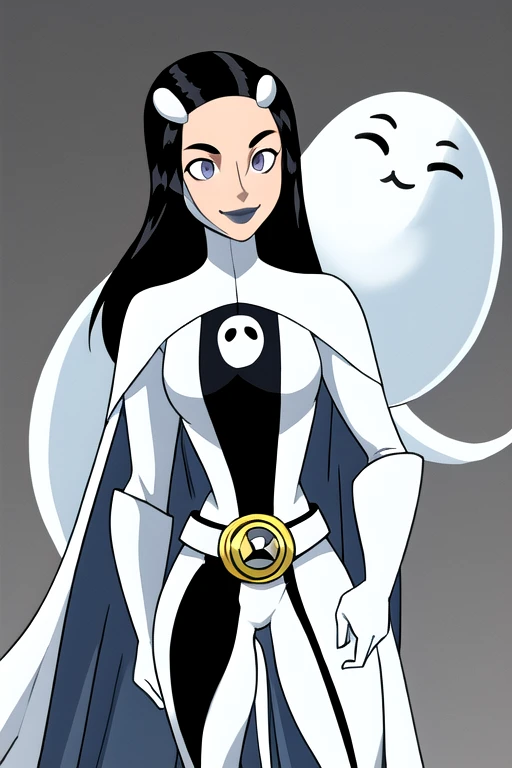 Phantom girl, Tinya Wazzo, solo, girl1, black hair, bodysuit. grey eyes, smile, ghost logo, legs, grey lips, belt, white cape, white gloves, best quality, masterpiece, cowboy shot,
