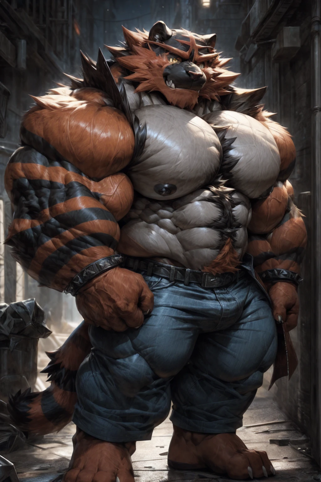 incineroar, furry, male, solo, looking at viewer, bad boy, ultra detailed, front view, hugging pose, (open clothing), punk jacket, tear jeans, abs, pecs. perfect lighting, CG, detailed fur texture, by Pino Daeni, niji. in alley. bust portrait, pants down, black fur, white ears, yellow eyes, white skin, bodybuilder, muscular,Art,high_detailed_background, wide, wide_body, strong_body, muscular_body, visible_abs, ,, abs,big_pecs, visible_pecs, huge_body, warrior, confident,mane, hyper_body, hyper_torso, perfect_eyes,Huge pec, muscular pec, huge pec muscle, gigachad muscular, muscular!!, large muscles, big muscle, muscular!, powerful and huge, big muscles, muscular!!!, muscular characters, musclebound and hulking, giant and fat, as a titan, muscular!! sci-fi, massive muscles, strong and imposing, big arms extre