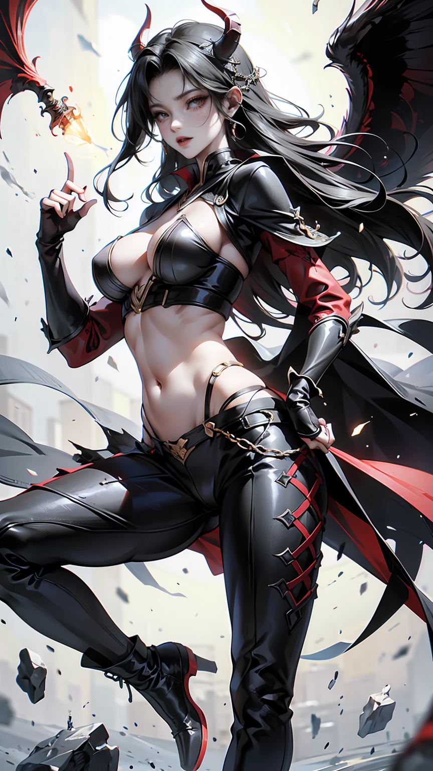 Highest quality、masterpiece、8K、Realistic、超High resolution、Very delicate and beautiful、High resolution、Muscle Girl、Gal、Perfect female body、Beautiful woman、Mature Woman、Black Hair、long hair、Red eyes、Six Pack、Toned body、Large Breasts、I can see your belly、pants、boots、Wild Pose、Full body emphasis、Simple Background、Devil Woman