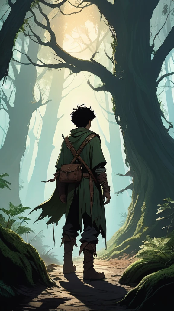 Under the canopy of ancient, twisted trees, a young male teenager with short black hair stands at the edge of a foreboding forest. His simple brown farmer's outfit, worn and patched, contrasts sharply with the shadowy, mystical ambiance of the woods.
From the back, he appears to be contemplating the path before him, the dim light of the setting sun casting long shadows around him. The forest ahead is thick with gnarled roots and whispering leaves, alive with the unseen presence of mythical creatures and hidden dangers.
In his hand, he clutches a worn leather satchel, a symbol of his humble beginnings and the simple life he left behind. As he steps forward, the forest seems to close in, the air growing colder and filled with the faint sounds of distant howls and rustling underbrush.
What secrets lie ahead on the path he has chosen? What trials will he face of the dark, enchanted forest? This is the beginning of his journey, one that will test his courage, resolve, and the very essence of his character.