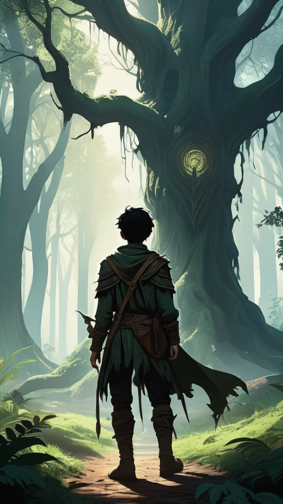 Under the canopy of ancient, twisted trees, a young male teenager with short black hair stands at the edge of a foreboding forest. His simple brown farmer's outfit, worn and patched, contrasts sharply with the shadowy, mystical ambiance of the woods.
From the back, he appears to be contemplating the path before him, the dim light of the setting sun casting long shadows around him. The forest ahead is thick with gnarled roots and whispering leaves, alive with the unseen presence of mythical creatures and hidden dangers.
In his hand, he clutches a worn leather satchel, a symbol of his humble beginnings and the simple life he left behind. As he steps forward, the forest seems to close in, the air growing colder and filled with the faint sounds of distant howls and rustling underbrush.
What secrets lie ahead on the path he has chosen? What trials will he face of the dark, enchanted forest? This is the beginning of his journey, one that will test his courage, resolve, and the very essence of his character.