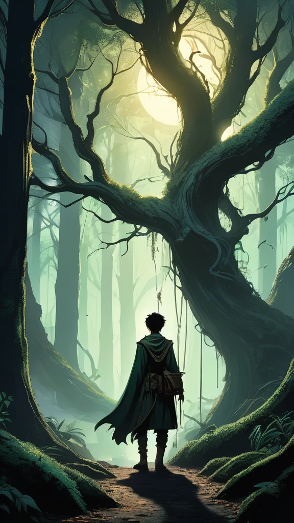 Under the canopy of ancient, twisted trees, a young male teenager with short black hair stands at the edge of a foreboding forest. His simple brown farmer's outfit, worn and patched, contrasts sharply with the shadowy, mystical ambiance of the woods.
From the back, he appears to be contemplating the path before him, the dim light of the setting sun casting long shadows around him. The forest ahead is thick with gnarled roots and whispering leaves, alive with the unseen presence of mythical creatures and hidden dangers.
In his hand, he clutches a worn leather satchel, a symbol of his humble beginnings and the simple life he left behind. As he steps forward, the forest seems to close in, the air growing colder and filled with the faint sounds of distant howls and rustling underbrush.
What secrets lie ahead on the path he has chosen? What trials will he face of the dark, enchanted forest? This is the beginning of his journey, one that will test his courage, resolve, and the very essence of his character.
