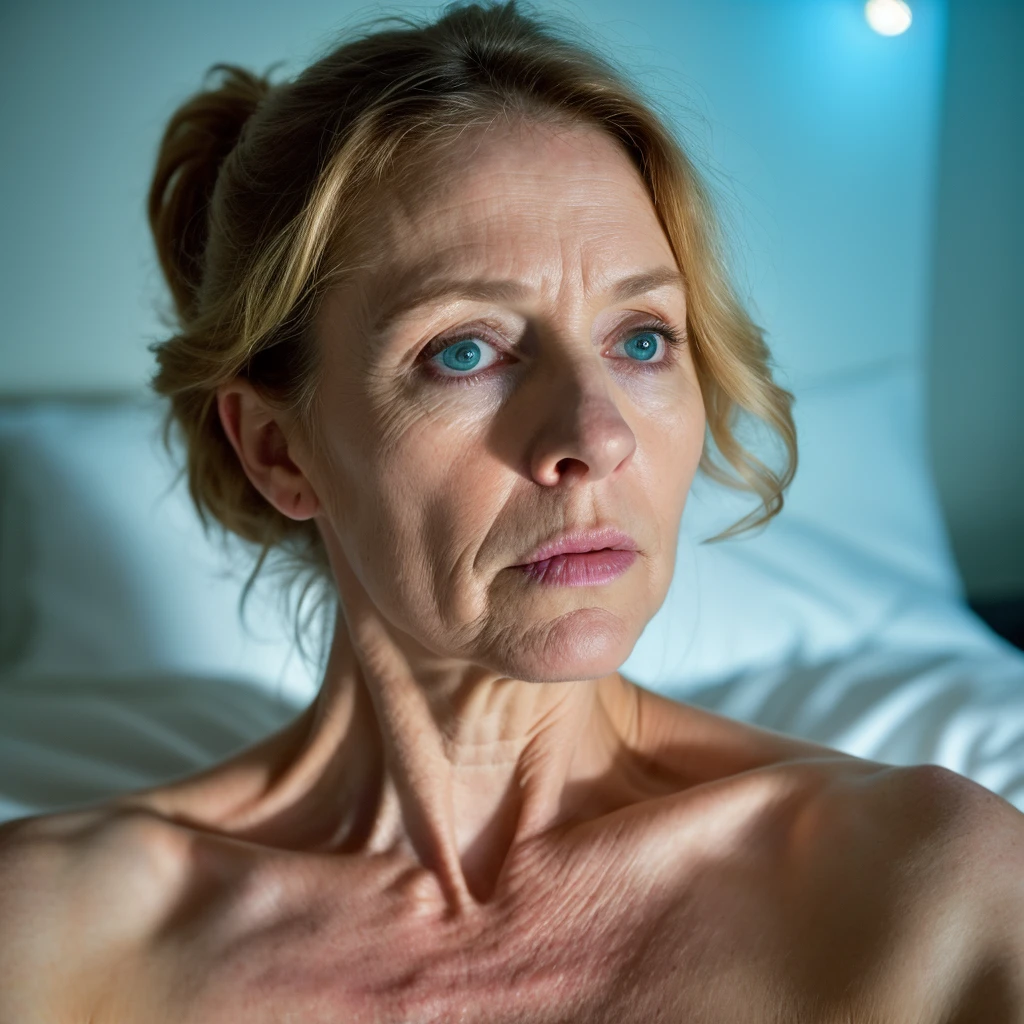 40yrs woman acting fot a cast, irish, detailed shoulder bones, in bed, soft blue split ambient nighttime light, soft lifelike shadows, (film grain:1.2),(best detail:1.2),extreme quality, realistic, soft focus, looking for the camera, gradient sheets, clear eyes, makeup, eletric dreams machine plugged