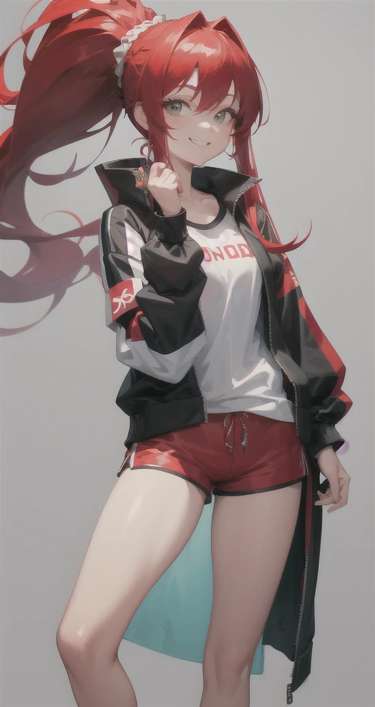 masterpiece, best quality, 1girl, red ponytail, long hair, oversized track jacket, shorts, jewelry, smile, simple background