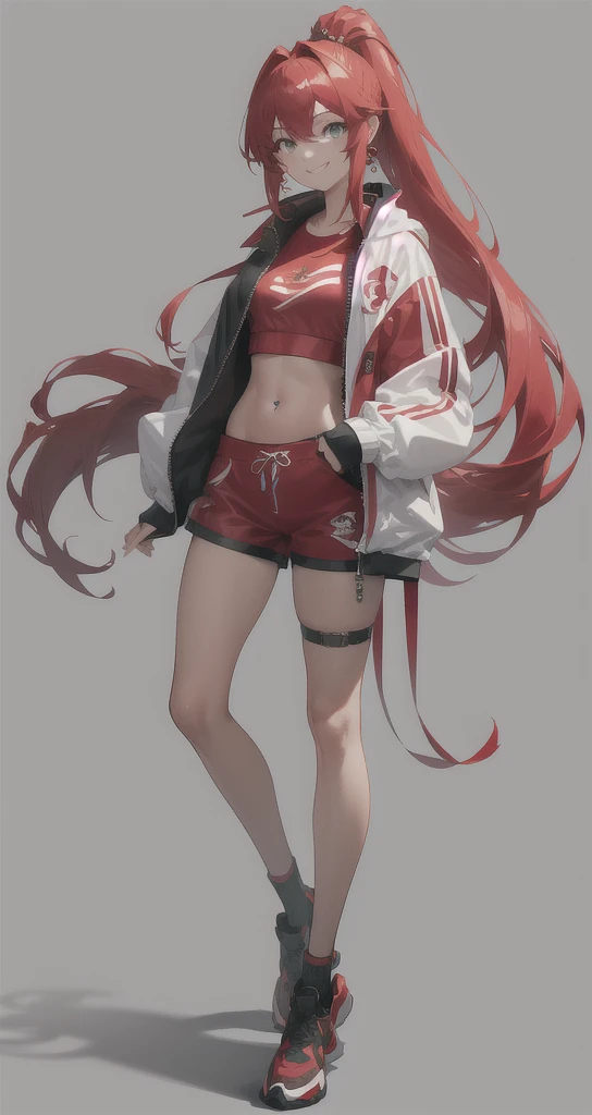 masterpiece, best quality, 1girl, red ponytail, long hair, oversized track jacket, shorts, jewelry, smile, simple background