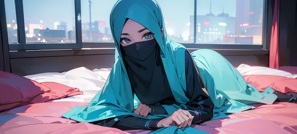((Best quality, 8k, Masterpiece :1.3)), Full body, Sharp focus :1.2, Beautiful woman with perfect figure :1.4, Slender stomach :1.2, ((cyan, and black hair)), body dress : 1.1 , ( Night city view, large window, rain outside, Bedroom :1.1), Highly detailed facial and skin textures, Detailed eyes, Double eyelids, Muslim clothing, hijab, Interior Scene, Office, restrained