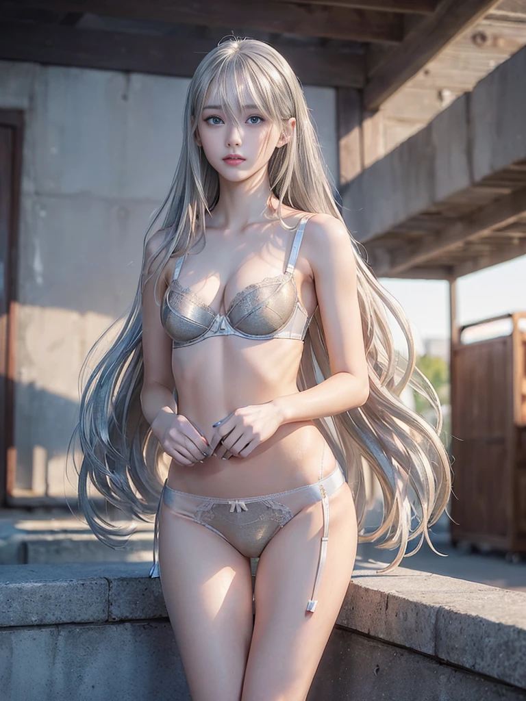 (Anatomically normal:1.8)、(Highly revealing:1.8)、(9Life-size small face:1.8)、A full-body photo showing you from head to toe、(Full-body photo of a standing figure:1.8)、(Beautiful legs standing together:1.8)、(A full-body photo that includes beautiful legs:1.8)、Thin and slender build、bare clavicle、Naked shoulders、(Deep cleavage:1.8)、(Big and beautiful breasts:1.8)、ブランド物のhigh qualityな露出度の非常に高いコンパクトな濃い紫色の勝負ブラジャー、(A compact bra with a sophisticated design:1.8)、ブランド物のhigh qualityな露出度の非常に高いコンパクトな濃い紫色の勝負パンティー、(Compact panties with a sophisticated design:1.8)、A posture of cooperation with a proudly protruding chest、(She has a very strong exhibitionist streak:1.8)、(Desire to show more naked skin:1.8)、(logo, masterpiece, 8K, Tabletop, RAW Photos, wonderful, 最high quality, Photorealistic and hVery detailed CG integrated 8K wallpaper, high quality, Very detailed, Narrative poem, Particle Effects, Dynamic Effects, Written boundary depth, Cinematic Light, Lens flare, Ray Tracing)), Fantasy, One beautiful woman, Clear, large, beautiful blue eyes, Silver, super long, straight hair that reaches down to her waist、(Distinctive silver hair:1.8)、A beautiful and symmetrical small face、(Too beautiful small face:1.8)、A beautiful and small face created by a professional makeup artist to perfection、(A beautiful woman with a small face that is so beautiful you can't help but stare.:1.8)、(9Life-size small face:1.8)、A beautiful and gorgeous woman with a beautiful appearance、(Wonderfully good looking:1.8)、Beautiful, natural skin tone that's not too white、Calm, windless, long, silver, straight tresses, Exposed, bare, beautiful legs that are too long and too thin、(Naked Legs:1.8)、Bare feet without shoes、(She was only wearing underwear: a dark purple compact bra and dark purple compact panties.:1.8)、jewelry, Chinese Fairy、Silver Earrings, Hip Up、Long silver hair, (Very exhibitionist:1.8)、(She is a beautiful woman who is acknowledged by everyone, and she wears revealing clothes and has a beautiful small face.:1.8)、(The chest-pushing posture emphasizes the beautiful shape of large breasts.:1.8)、(Desire to show more naked skin:1.8)、(Bold exposure wearing only a bra and panties:1.8)、A full-body photo showing the top of your head and your long, slender legs、Standing upright with your chest out and your feet together、(Full-body photo of a standing figure:1.8)、(Beautiful legs standing together:1.8)、(A full-body photo that includes beautiful legs:1.8)、(9Life-size small face:1.8)、(No anatomical abnormalities:1.8)、One beautiful woman
