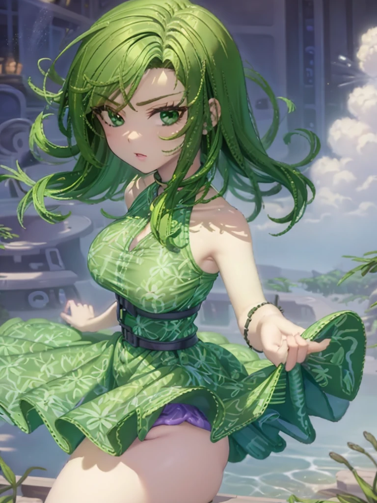 1girl, solo, beautiful girl, green skin, green eyes, big eyes, long eyelashes, green hair, short hair, shiny hair, medium breasts, green dress, strapless dress, floral print dress, green belt, purple scarf, green leggins, looking at viewer, bare arms, bare shoulders, disgust face, narrow waist, big butt, violet lips, lip gloss, perfect hands, perfect anatomy, dress pull, breast slip, puffy nipples, 