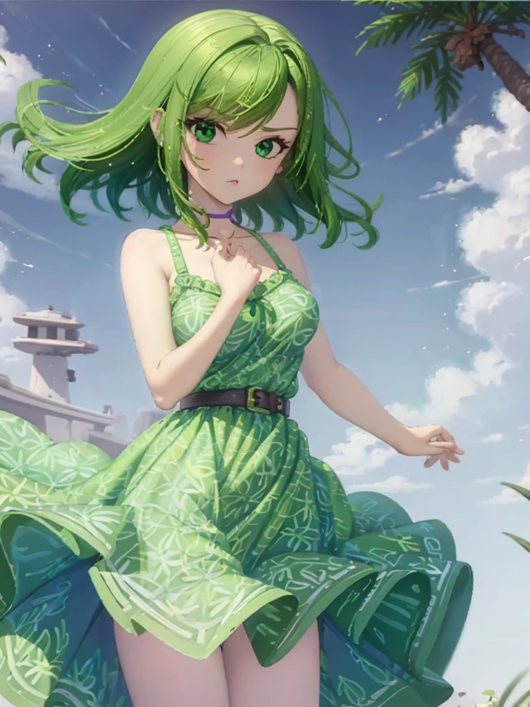 1girl, solo, beautiful girl, green skin, green eyes, big eyes, long eyelashes, green hair, short hair, shiny hair, medium breasts, green dress, strapless dress, floral print dress, green belt, purple scarf, green leggins, looking at viewer, bare arms, bare shoulders, disgust face, narrow waist, big butt, violet lips, lip gloss, perfect hands, perfect anatomy, dress pull, breast slip, puffy nipples, 